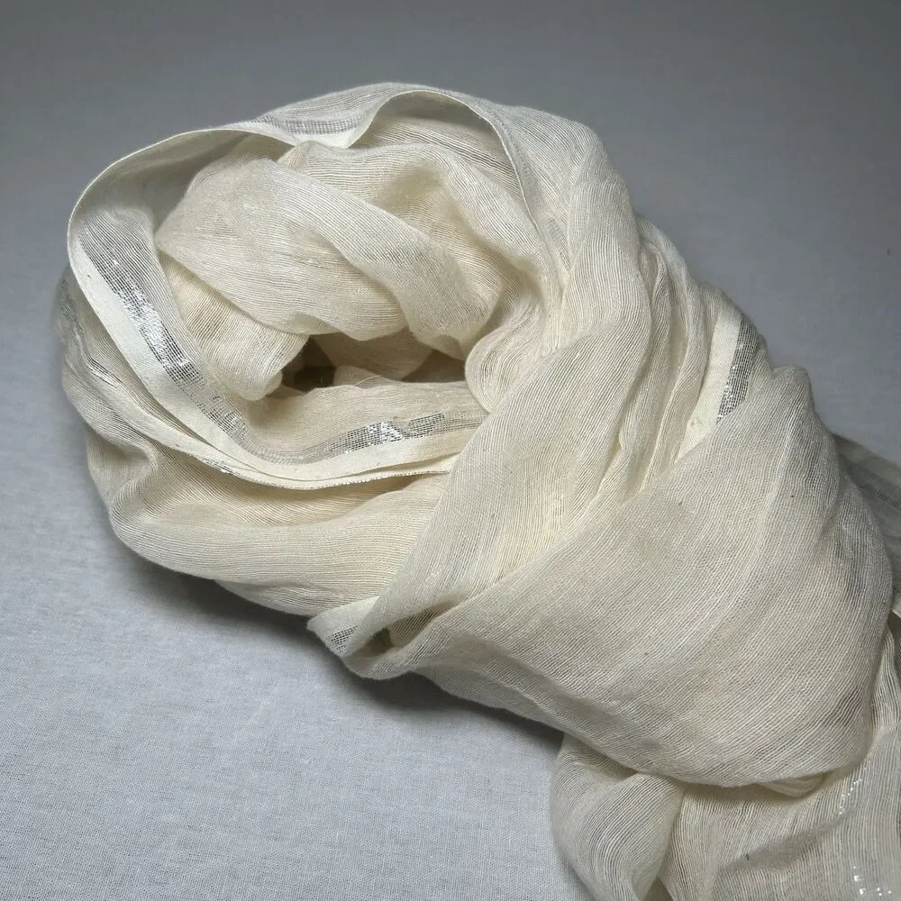 Bouroulitis Cotton and Silk Scarf in Cream, metallic, embroidery, fringe